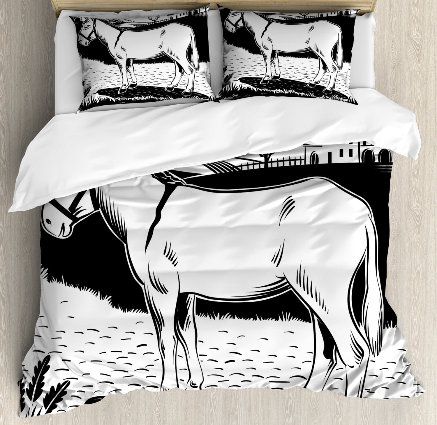 Donkey Duvet Cover Set Queen Size, Donkey Standing on the Side of a