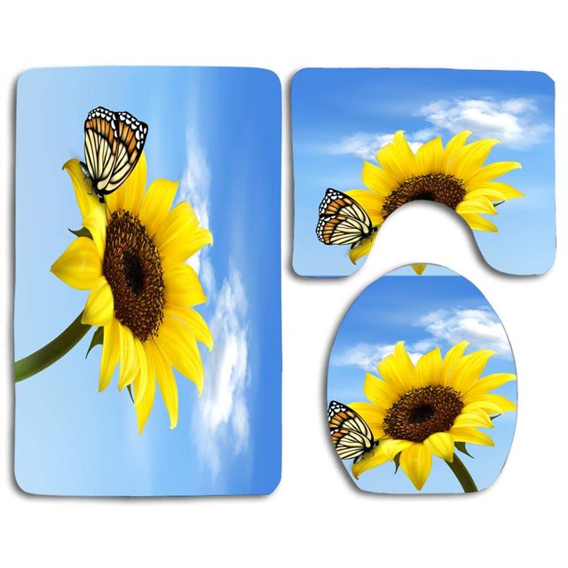 ABPHQTO Mariposa Girasol Juego de alfombras de baño de 3 piezas Alfombra de baño Alfombra de contorno y tapa de inodoro