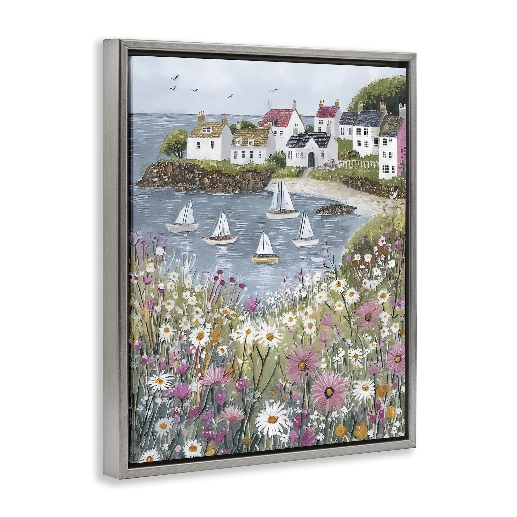 Stupell Industries Seaside Sailboats in Village Bay Gray Framed Floater Canvas Wall Art, design by Riley B