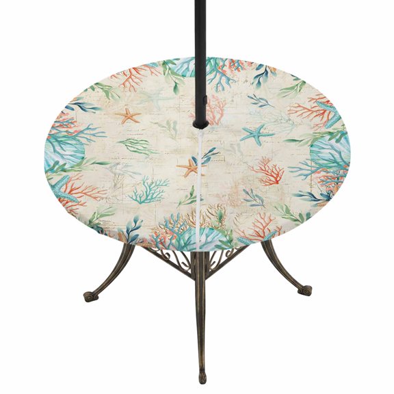 Round Outdoor Tablecloth with Umbrella Hole and Zipper, Beach Coastal Tablecloth with Elastic Waterproof, Summer Coral Starfish Nautical Ocean Vintage Patio Table Covers for 31" - 35" Pool Tables