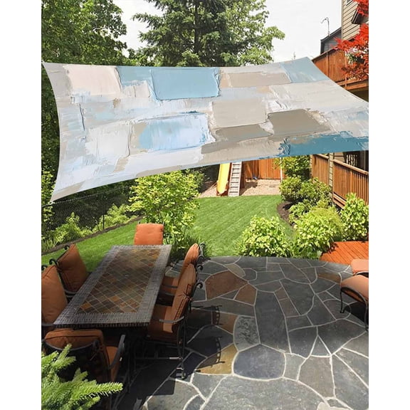 Abstract Sun Shade Sail 14'X18' Beige Blue Plaid Oil Painting Color Block Contemporary UV Block Outdoor Sail Shades Breathable Waterproof Rectangular Sunshade for Patio Garden Pool Pergola Porch