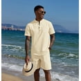 thumbnail image 5 of COOFANDY Men's Two Pieces Cotton Linen Set Henley Shirt Short Sleeve and Casual Beach Shorts Summer Yoga Outfits, 5 of 6