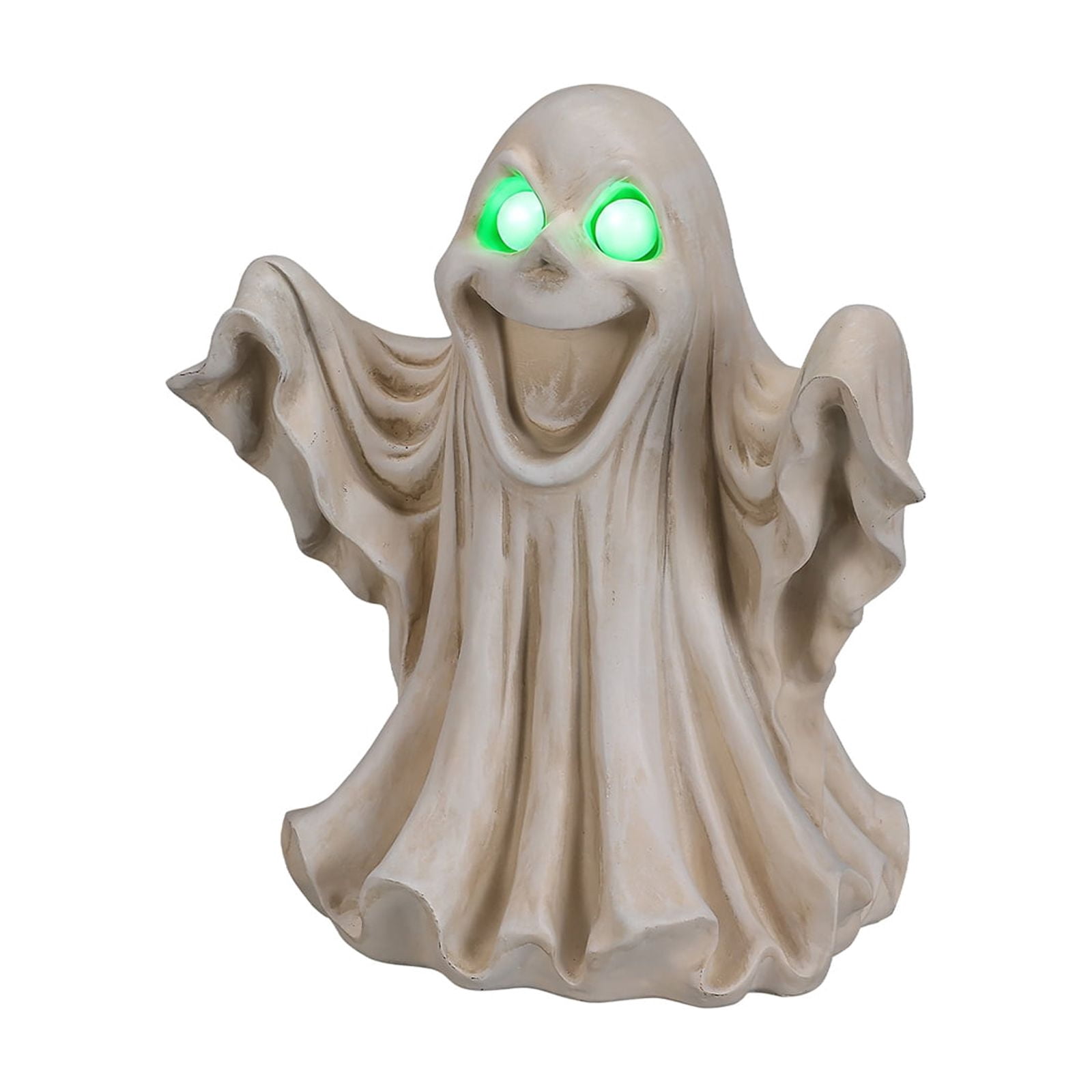 Halloween Ghost Figurine with LED Light Up Glowing Eyes, Spooky Resin Statue and Tabletop Decor for Haunted House Party, White