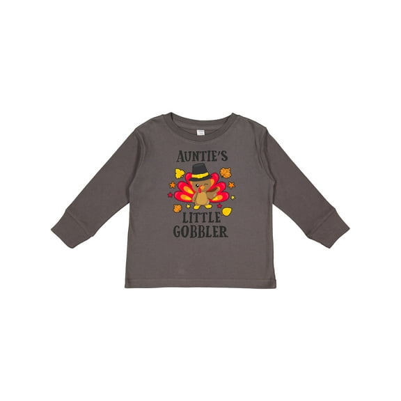 Inktastic Aunties Little Gobbler with Turkey and Leaves Boys or Girls Long Sleeve Toddler T-Shirt