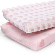 The Peanutshell Changing Pad Cover for Baby Girls, 2 Pack Set, Pink Elephant & Hearts
