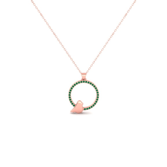 Pure Elegance Circle With Bird Green Emerald Gemstones 14K Rose Gold Over 925 Sterling Silver Women Pendant Necklace For Gift