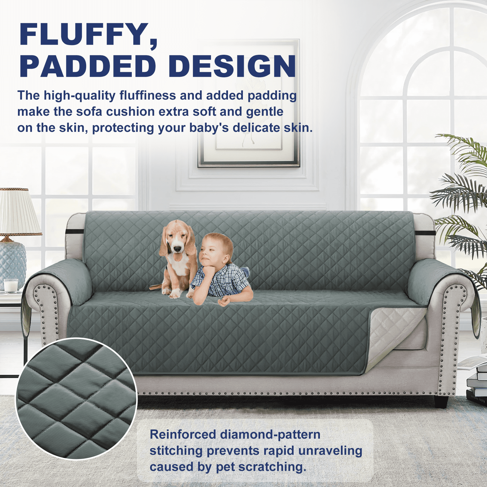GPED Reversible Sofa Cover, Water Resistant Couch Cover with Elastic Straps, Triple-Layer Durability Couch Covers For Dogs, Kids, Machine Washable & Dry Clean Furniture Protector for Pets, Sofa