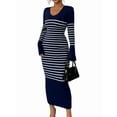 thumbnail image 3 of Women'S Striped V Neck Sweater Dress Long Sleeve Bodycon Midi Dresses Navy Blue XL, 3 of 7