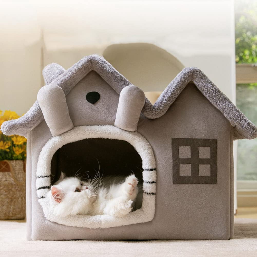 Luxury Double Roof Indoor Dog House  Nest, Foldable Warm Soft Kennel with Removable Cushion and Non-Slip Bottom