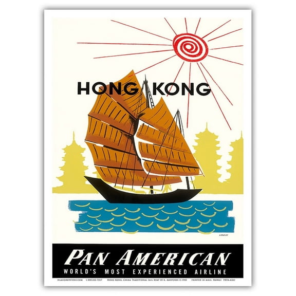Hong Kong - Chinese Junk Ship and Pagoda Temples - Vintage Airline Travel Poster by Aaron Amspoker c.1960 - Master Art Print (Unframed) 9in x 12in