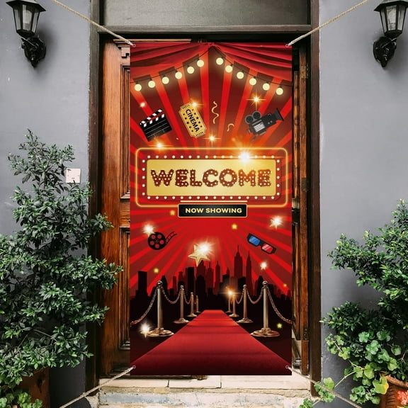 1 Pc Movie Theme Party Door Cover Theater Movie Night Door Banner Photography Background Welcome Now Showing Supplies Night Party Decorations for Wedding Theater 35.4x72.8 Inch 1set