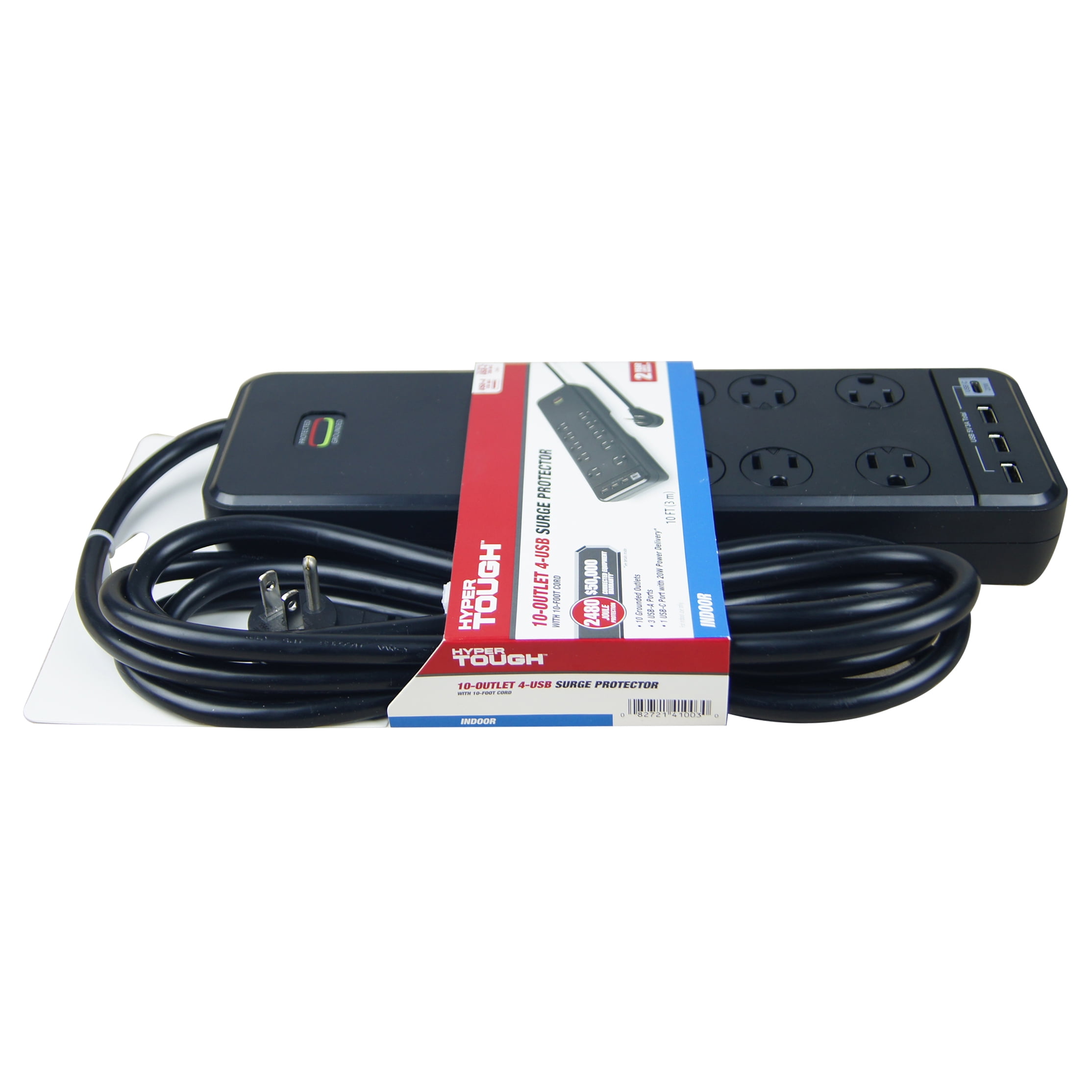 Hyper Tough Indoor 10-Outlet 10ft Surge Protector 2480-Joule Protection with 4 USB Ports, Black