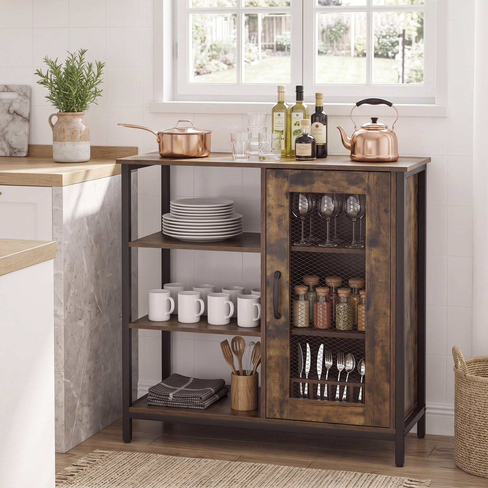 Furnibear Industrial Side Cabinet with Metal Mesh Door and 3 Open Shelves Narrow Storage Buffet Sideboard for Kitchen and Living Room, Rustic Brown