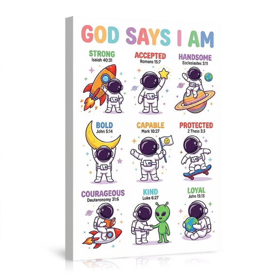 "God Says I Am" Christian Astronaut Canvas Wall Art, Bible Verse Affirmations and Space-Themed Kids Room Decor Poster