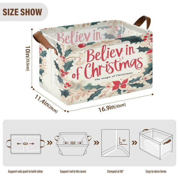 BZSMCE Collapsible Fabric Cube Storage Bins Red Merry Christmas Elegant Leaf Wreath Design Pattern Storage Box
