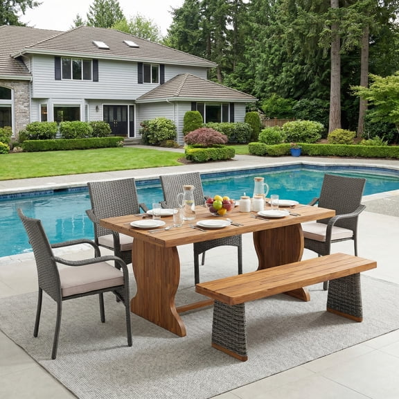 Christopher Knight Home 6-Piece Outdoor Dining Set, Table with Rattan Stacking Chairs and Bench, Gray Teak