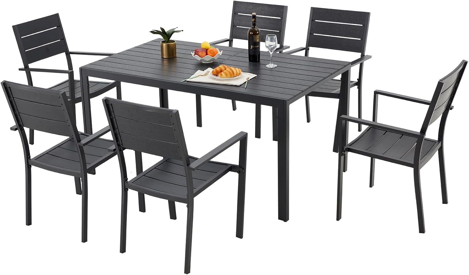 AECOJOY 7 Piece Outdoor Dining Set Patio Furniture Set On Sale Wood Grain Outdoor Table and Chairs on Clearance in Black