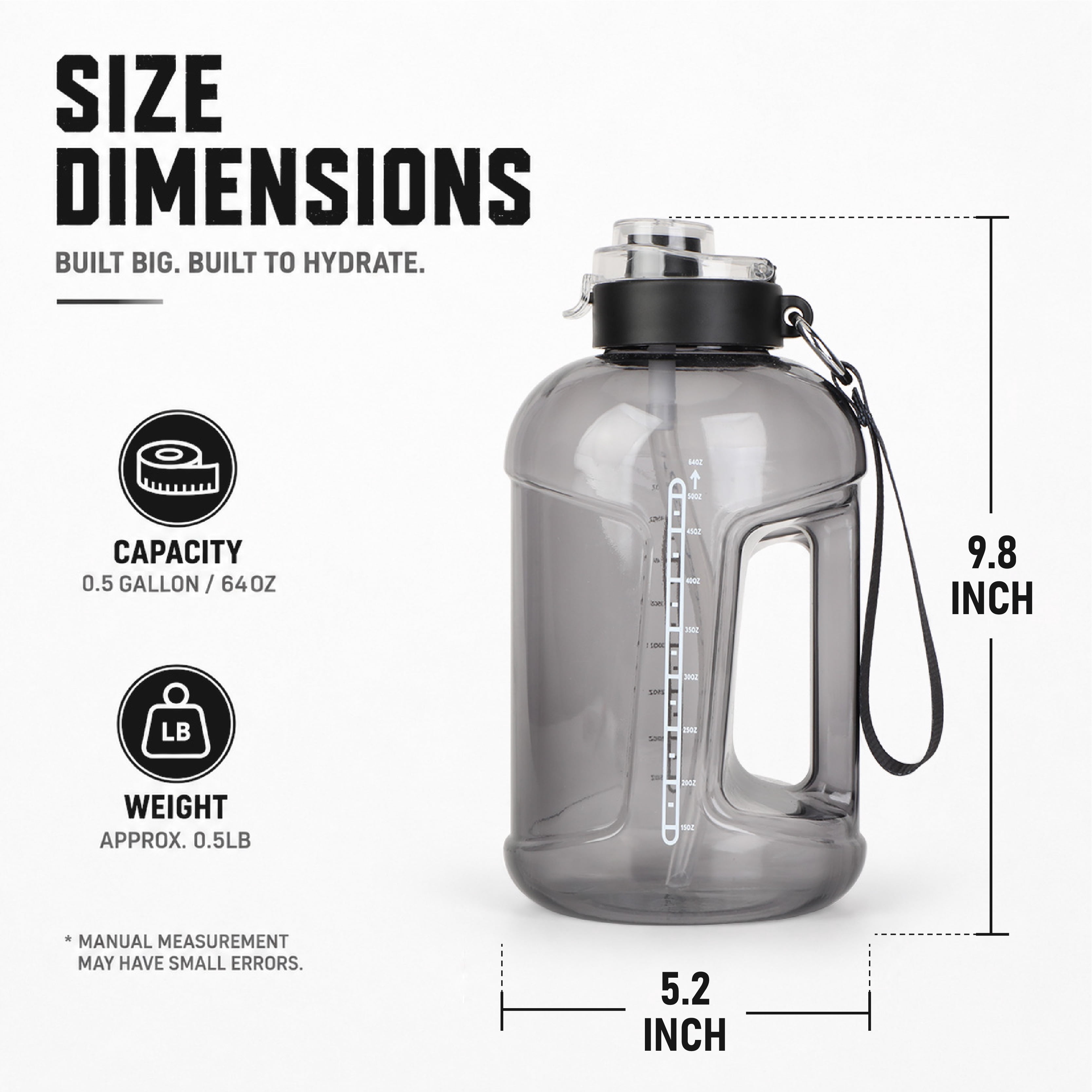 Athletic Works 64-Ounce Motivational Water Jug with Dual-Function Lid in Black