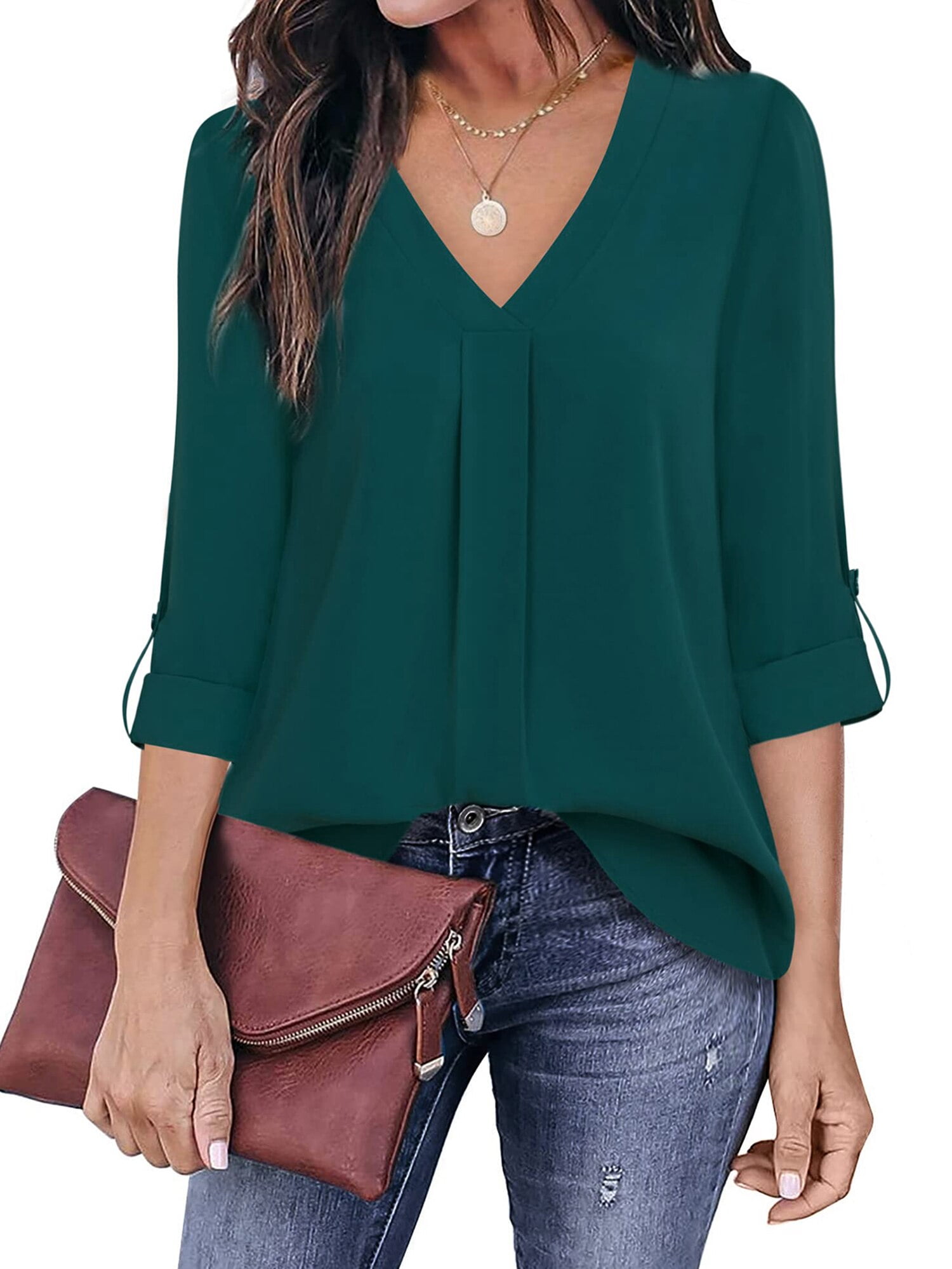 MOSHU Chiffon V Neck Blouses for Women 3/4 Cuffed Sleeve Shirts Casual