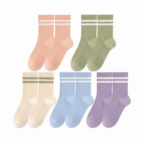 Eryueer 5 Pairs Solid Color Two Stripe Crew Socks Casual Athletic Socks for women Girls