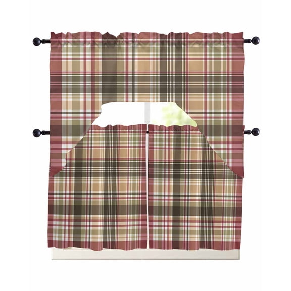 3 Piece Kitchen Curtain Set, Buffalo Check Plaid Brown Plaid Vintage Retro Country Swag Curtains Valance and Tier Set, Rod Pocket Window Treatment for Cafe Living Room 36 Inch