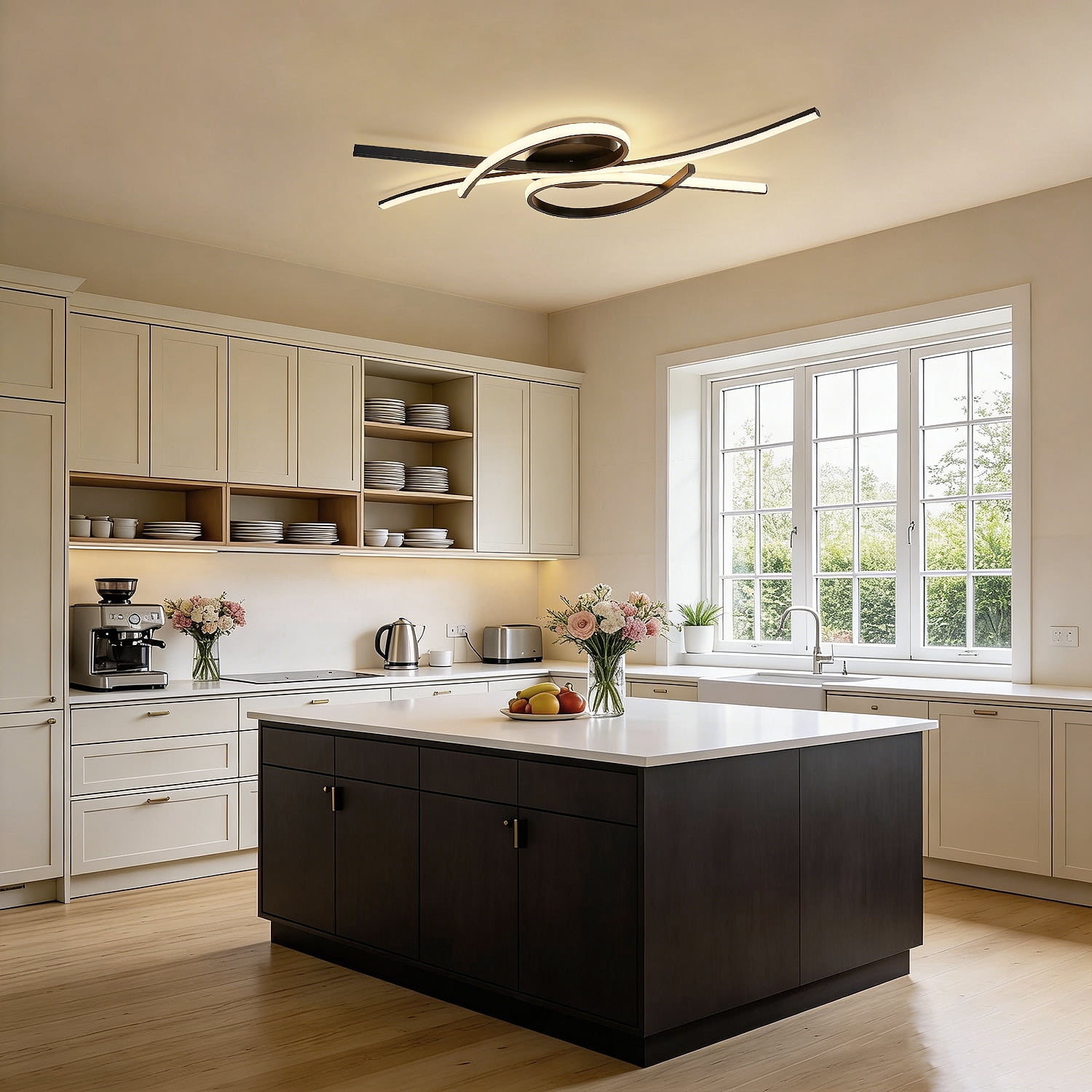 YANSUN 31.5" 3-Light Modern LED Flush Mount Ceiling Light, 30W Dimmable Black Semi Flush Mount Fixture with Remote Control, 3CCT for Kitchen Island Dining Room Bedroom Living Room