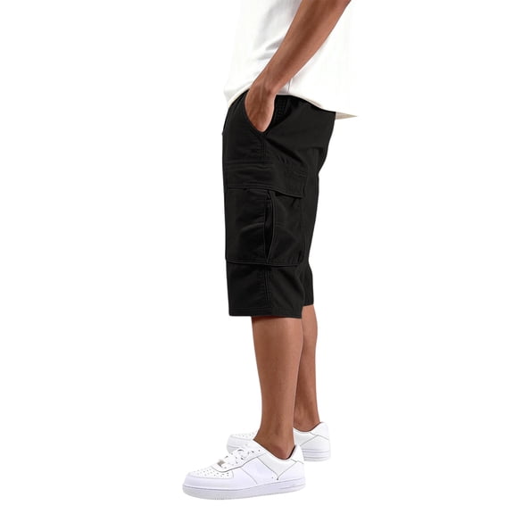 Elastic Waist Cargo Shorts Men Drawstring Big Tall Relaxed Fit Summer Casual Work Shorts Black 4XL