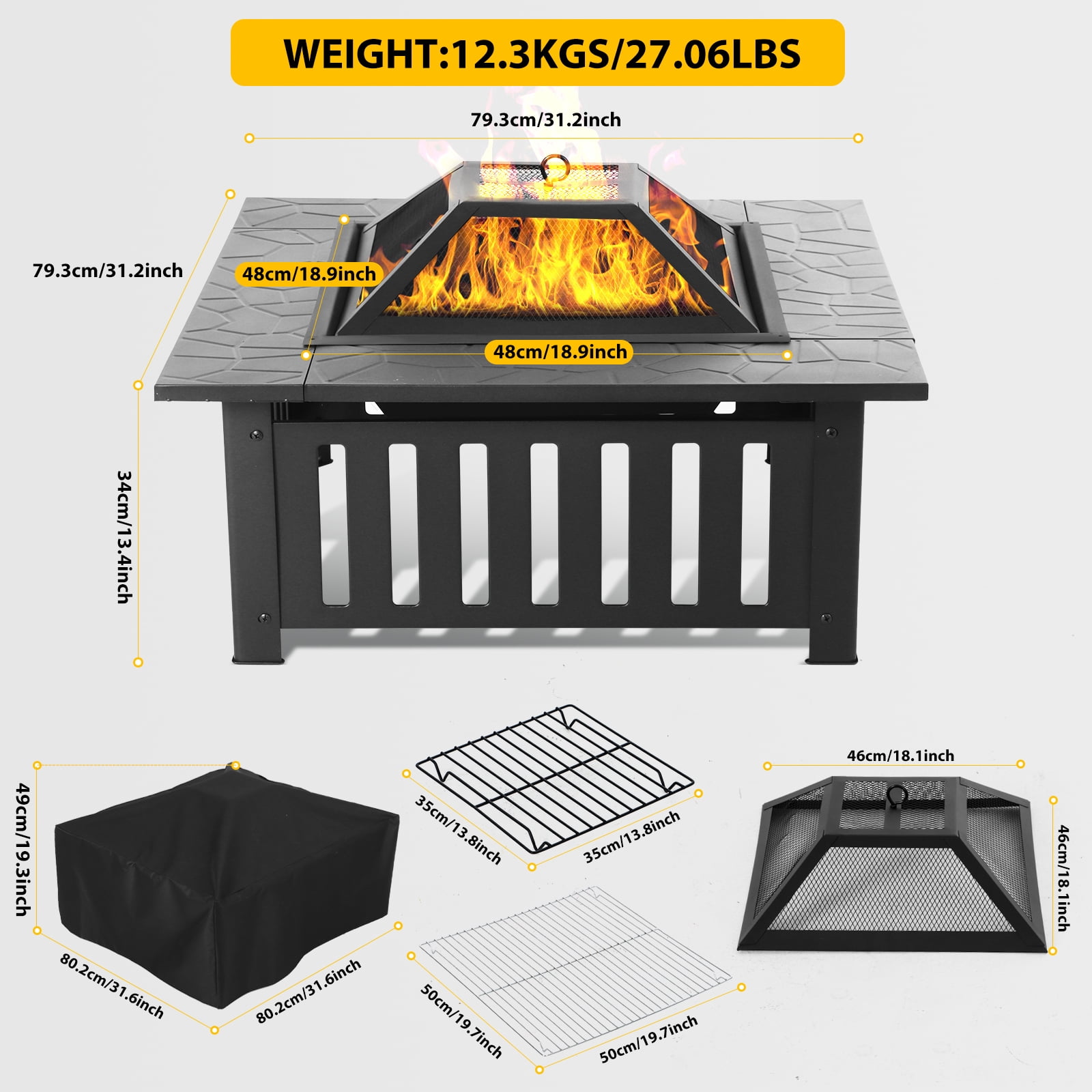 32" Square Metal Fire Pit for Outdoor Use, Backyard Fire Pits with Mesh Cover, Perfect for Camping, Patios, and Garden Gatherings, Durable and Stylish Firepit for Outside