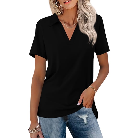 BOMYJESK Womens Polo Shirts Short Sleeve Collared Top V neck Golf Polo Shirts Business Casual Athletic Tees Tops 2026 V Neck Blouses Black L