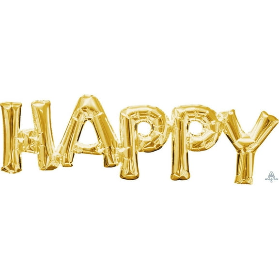 30 inch Block Phrase: "Happy" - Gold (Air-Fill Only) Foil Mylar Balloon - Party Supplies Decorations