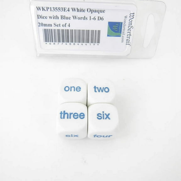 White Opaque Dice with Blue Words 1-6 D6 20mm (25/32in) Set of 4 Wondertrail