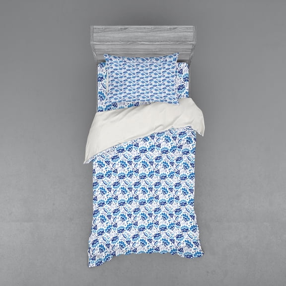 Ambesonne Spring Bedding Set 3 Pcs, Blue Toned Folk Flower Buds, Twin, Blue White