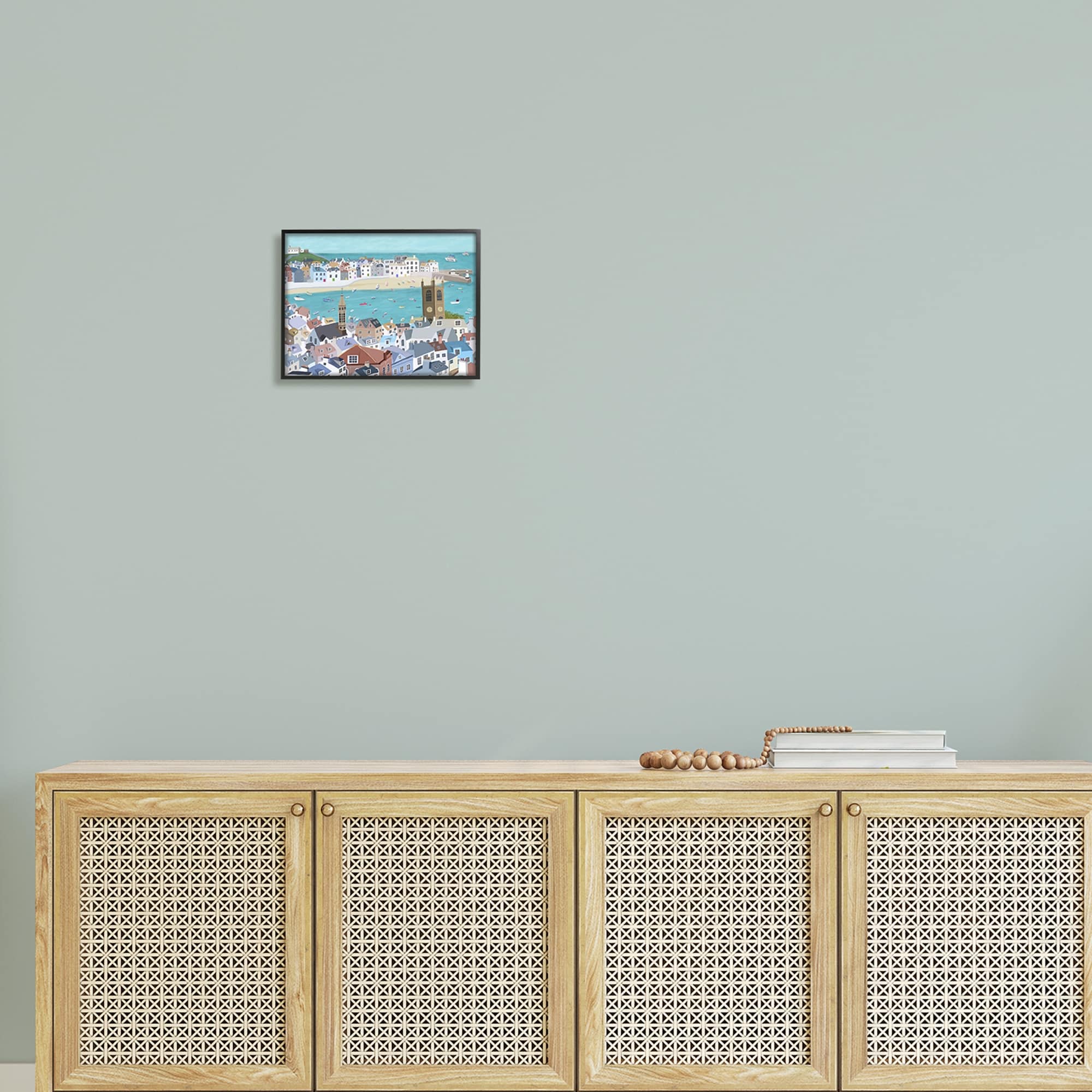 Stupell Industries Beach Town City Buildings Ocean View Illustration Graphic Art Black Framed Art Print Wall Art, 14x11, by Carla Daly