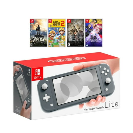 New Nintendo Switch Lite Gray Console Bundle with 4 Games: The Legend of Zelda: Breath of the Wild, Super Mario Maker 2, Octopath Traveler, and Fire Emblem: Three Houses!