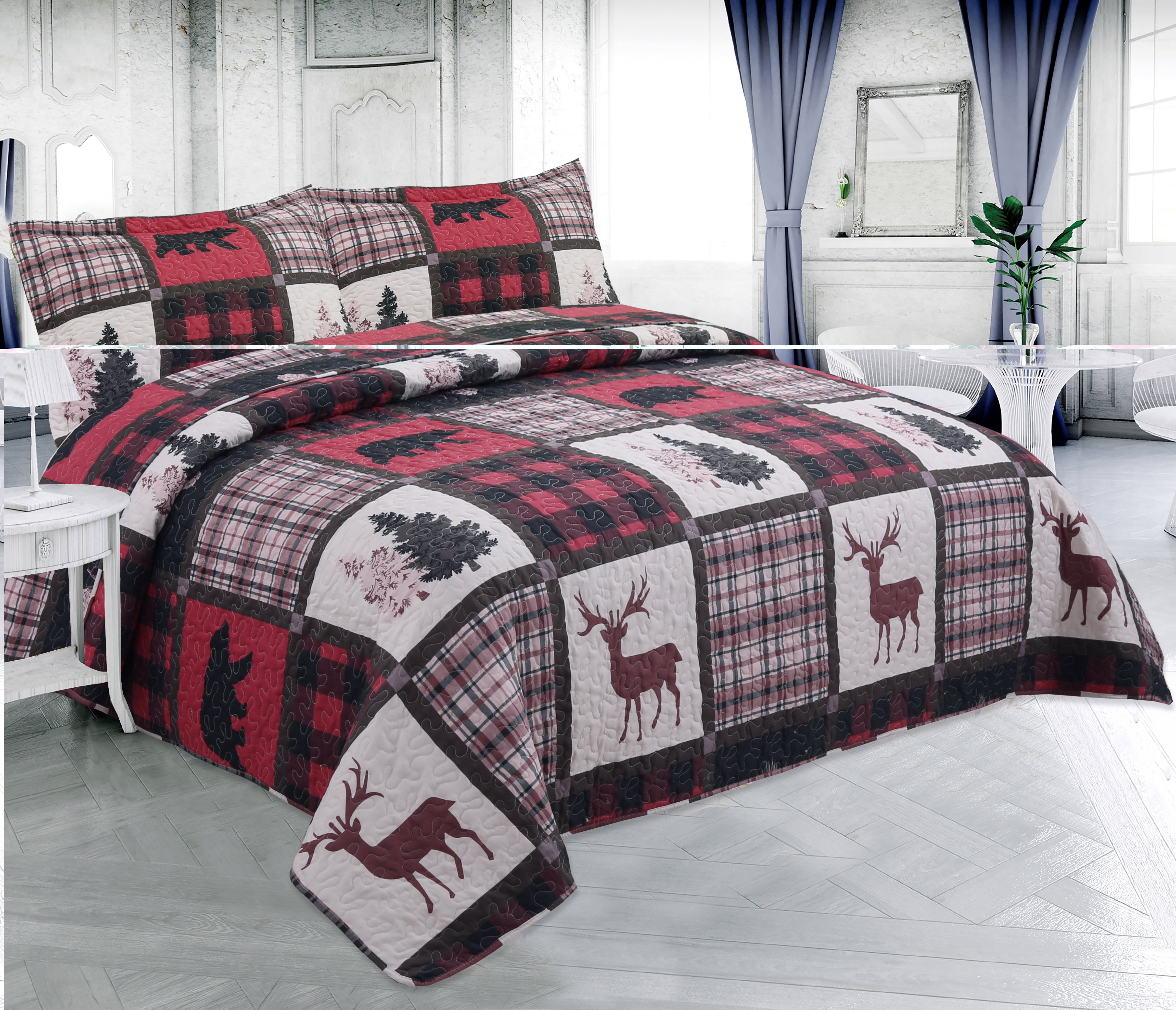 Marina Decoration Rich Printed Stitching Coverlet Bedspread Ultra Soft Summer Bedding Quilt Set with Quilted Sham, Cottage Bear Reindeer Plaid Pattern
