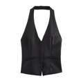 thumbnail image 4 of HH TRAF Top de cuello en V sin mangas con espalda descubierta y cuello halter para mujer, elegante top informal de calle de un solo color con una hilera de botones, 4 of 4