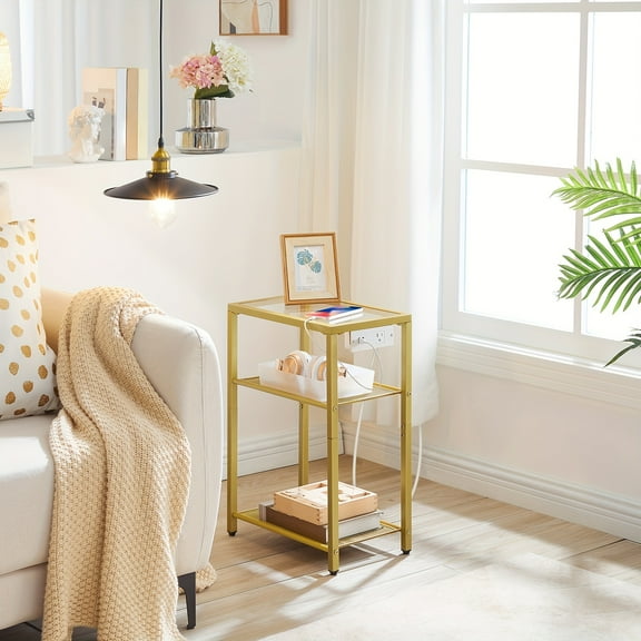 Modern 3-Tier End Table with Charging Station - USB Ports & Outlet, Golden Metal Frame with Tempered Glass Top & Storage Shelves for Living Room/Bedroom