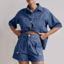 Denim Set for Women - Jean Short Sets for Women Casual Summer 2 Piece Outfits Pocket Lapel Neck Button Down Blouse Shirts Drawstring Elastic Waist Short Pants Matching Clothing