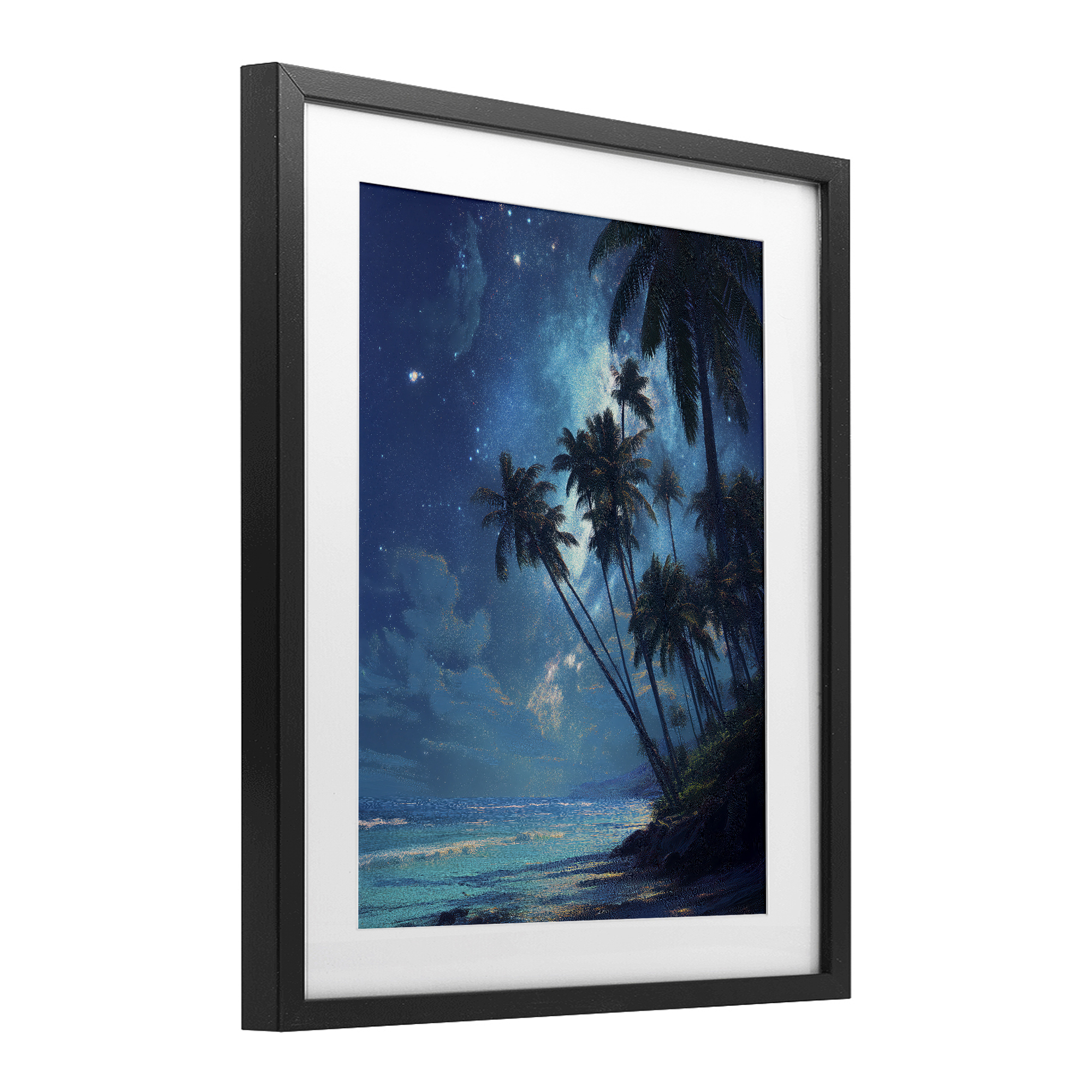 Moonlit Beach Palm Trees Black Framed Print Under Glass, design by Ziwei Li