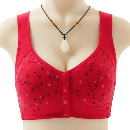 JNGSA Women s Plus Size Comfy Bra Breathable Push-Up Floral Front Buckle Bra Wireless Wide Strap Full-Coverage Tank Top Bra Red Clearance