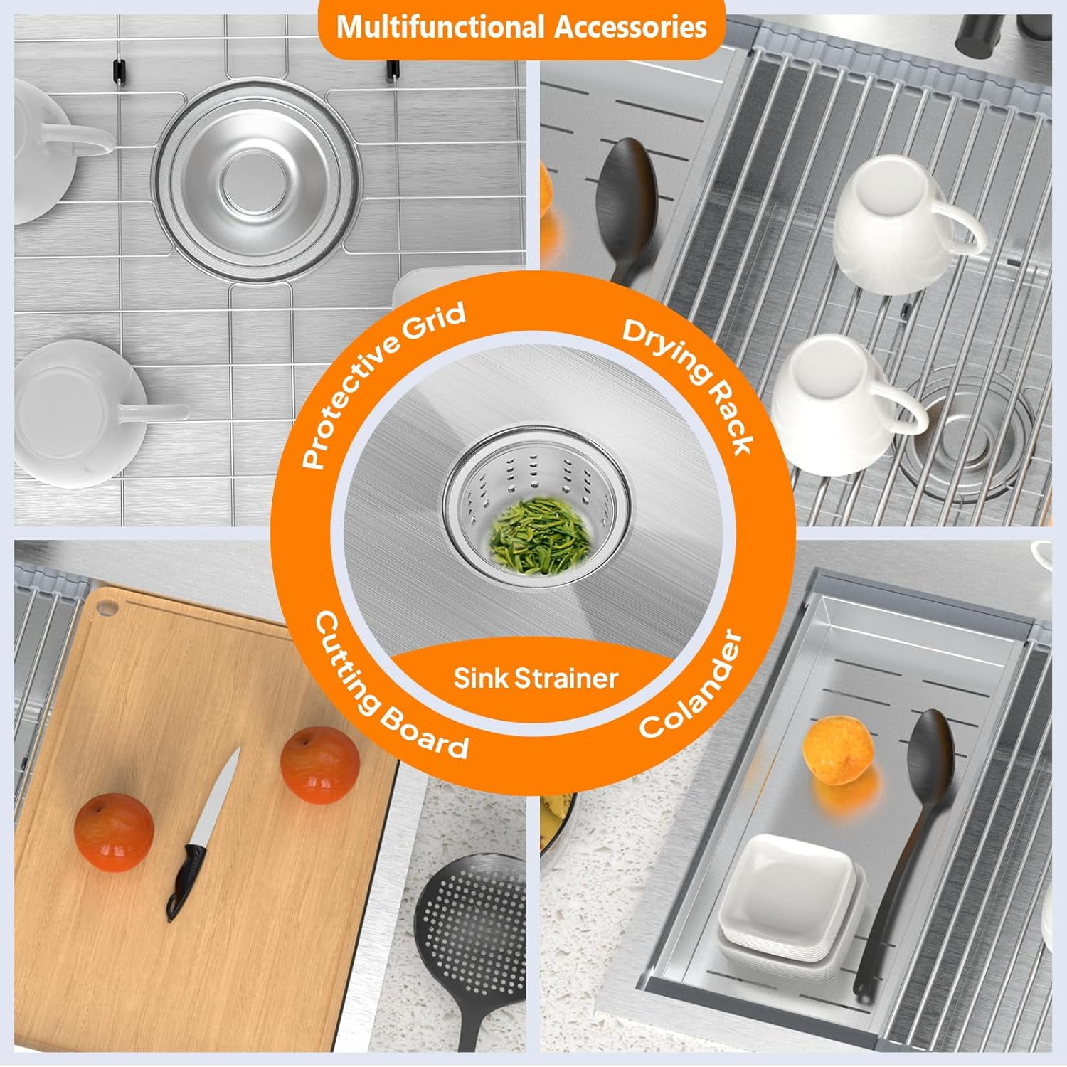 Ktaxon 33 Inch Drop-In Workstation Kitchen Sink, Stainless Steel Deep Single Bowl Utility Sink with Integrated Ledge, Multifunctional Accessories Set, Silver