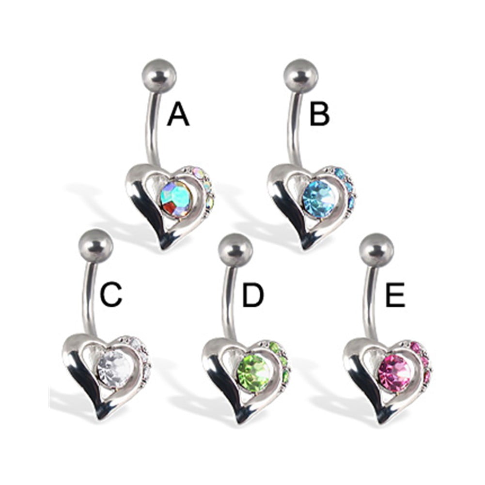 Heart Belly Button Ring With Center Stone And Three Small Gems,Clear