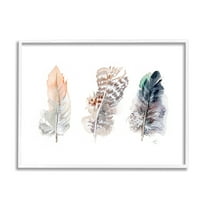 Stupell Industries Trio of Patterned Bird Feathers Animal Watercolor Animals & Insects Painting White Framed Art Print Wall Art, 24 x 30