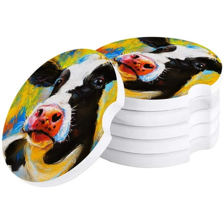 

KXMDXA Farm Cute Cow Oil Painting Style Set of 4 Car Coaster for Drinks Absorbent Ceramic Stone Coasters Cup Mat with Cork Base for Home Kitchen Room Coffee Table Bar Decor