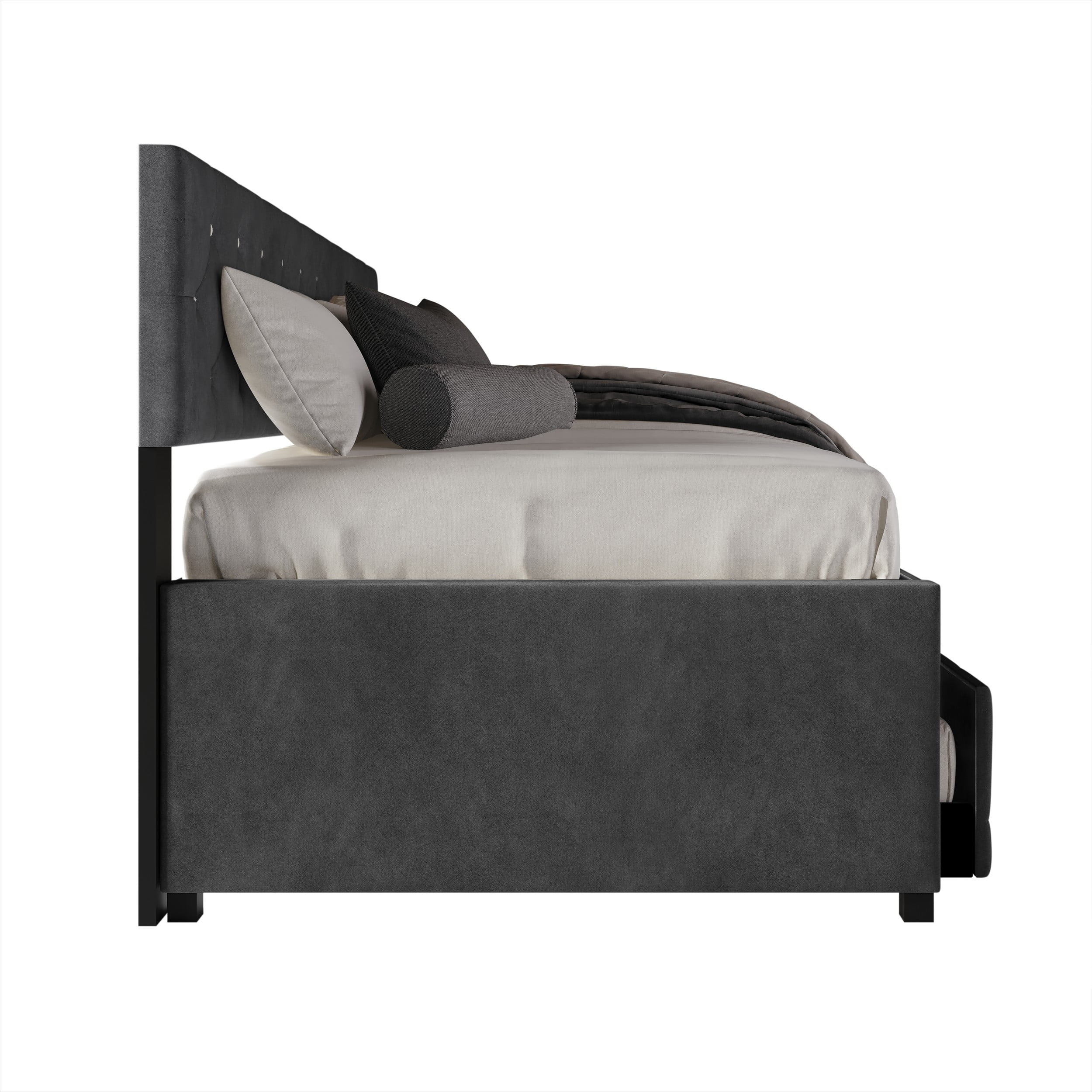 Home Design Darcey Luxurious Velvet Upholstered Daybed with Pull-Out Trundle, Diamond Button Tufted, Dark Gray, Easy Assembly