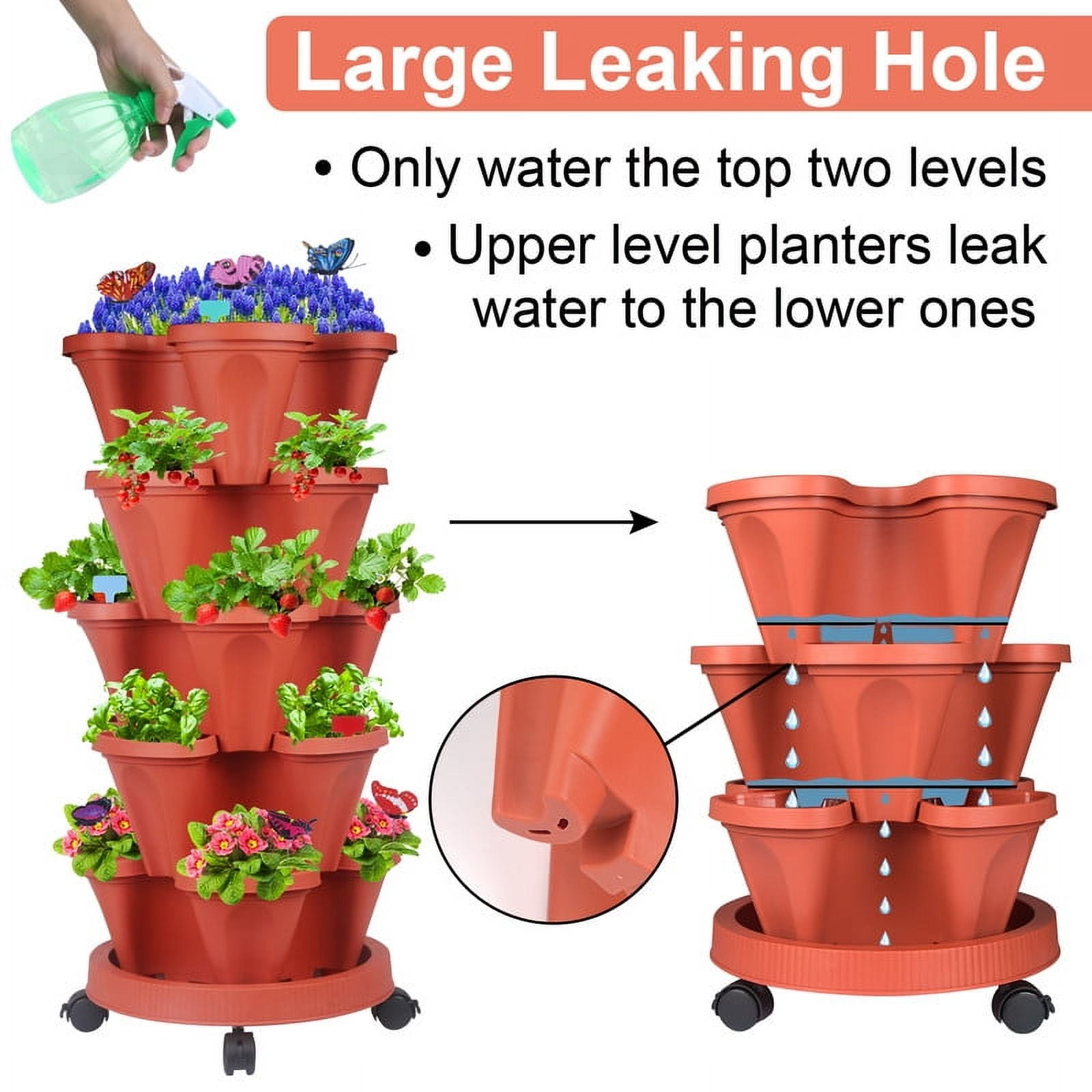 2 Pack of 5 Tier Stackable Planter Vertical Garden With Various Accessories for Vegetables, Flowers, Herbs, Succulents, Microgreen Gardening - Red