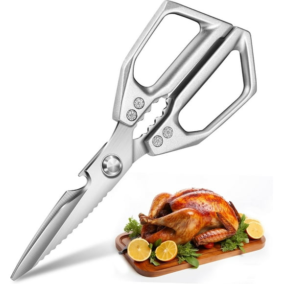 1 pair of Japanese-style kitchen food scissors - poultry shears, suitable for chicken wings/bones, meat, quail, fish, turkey, and vegetables.,silver