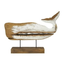 25" x 19" Brown Wood Handmade Whale Sculpture with Painted White Accents and Metal Details, by DecMode