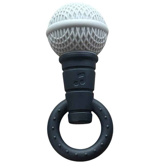 mordedera con forma de micrófono, silicón gris y negro, The Singing Mom — micrófono de silicón con cabeza gris texturizada y mango negro con anilla para agarre; tres zonas con distintas texturas y relieve de nota musical visibles; vista frontal sobre fondo blanco; adecuada como sonaja y juguete sensorial para bebés.