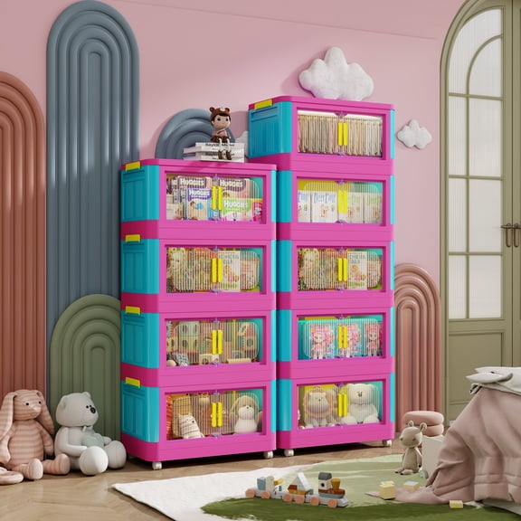 Happy Color 20" Side Wide 5-Tier Folding Storage Cabinet, Collapsible Magnetic Door Bins with Wheels, Plastic Organizer for Home, 19.69"×11.81"×50.00"